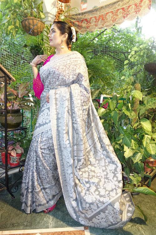 Grey and charcoal Kani saree