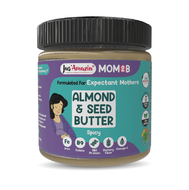 Jus Amazin Mom2B Spicy Almond & Seed Butter (200g) | For Pregnant & Nursing Women | High in Protein, Rich in Iron, Calcium & Folate | Clean Nutrition – 100% Natural, No Preservatives, No Chemicals