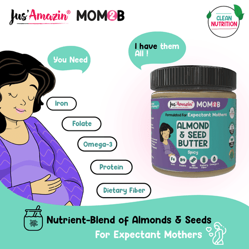 Jus Amazin Mom2B Spicy Almond & Seed Butter (200g) | For Pregnant & Nursing Women | High in Protein, Rich in Iron, Calcium & Folate | Clean Nutrition – 100% Natural, No Preservatives, No Chemicals