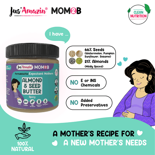 Jus Amazin Mom2B Spicy Almond & Seed Butter (200g) | For Pregnant & Nursing Women | High in Protein, Rich in Iron, Calcium & Folate | Clean Nutrition – 100% Natural, No Preservatives, No Chemicals