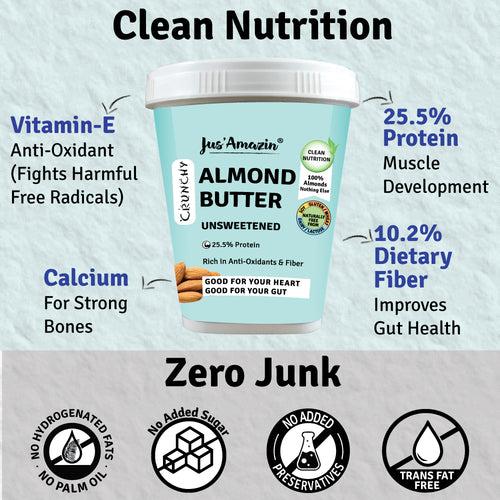 Crunchy Almond Butter - Unsweetened | 25.5% Protein | 100% Almonds | 100% Natural - 1 Kg Tub