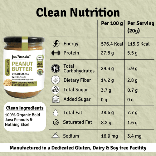 Crunchy Organic Peanut Butter Unsweetened (500 g Glass Jar)| 100% Organic Ingredients | 31% Protein