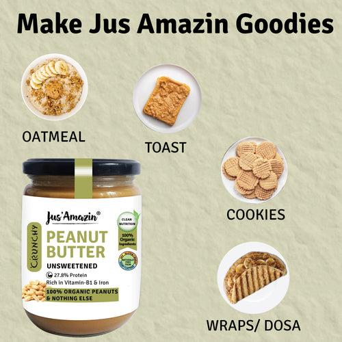 Crunchy Organic Peanut Butter Unsweetened (500 g Glass Jar)| 100% Organic Ingredients | 31% Protein