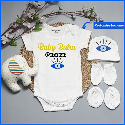 Custom Surname Evil Eye (Romper+Cap, Mittens & Booties)