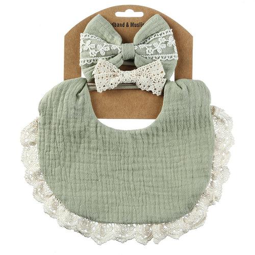 Baby Girl Lace Bib+Hairband Bows Set