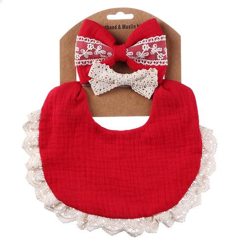 Baby Girl Lace Bib+Hairband Bows Set