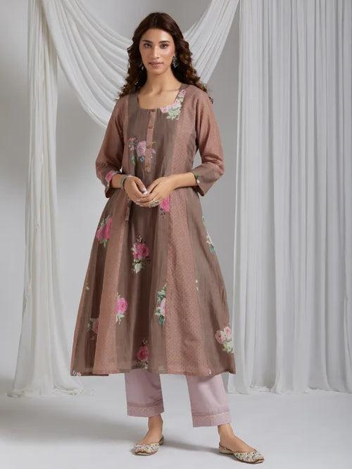 Natural Mocha Rose Garden Cotton Kurta With Printed And Hand Block Print