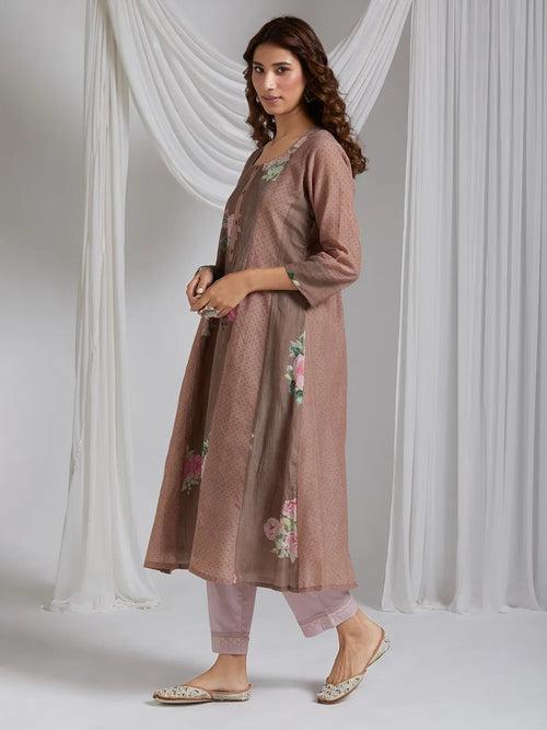 Natural Mocha Rose Garden Cotton Kurta With Printed And Hand Block Print