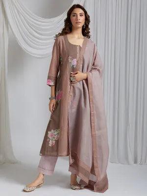 Natural Mocha Rose Garden Cotton Kurta With Printed And Hand Block Print