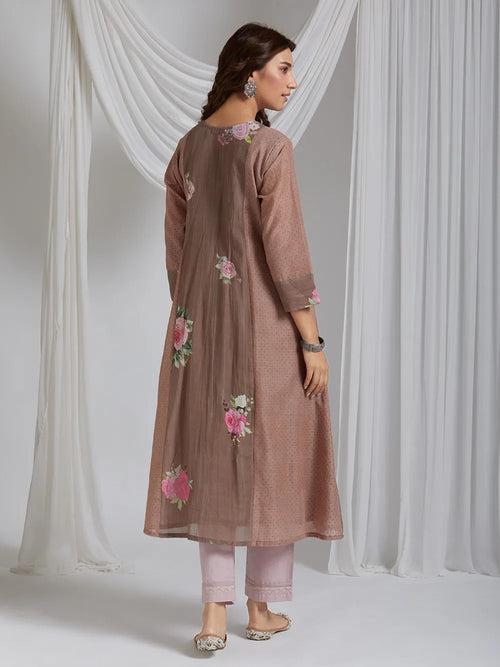 Natural Mocha Rose Garden Cotton Kurta With Printed And Hand Block Print