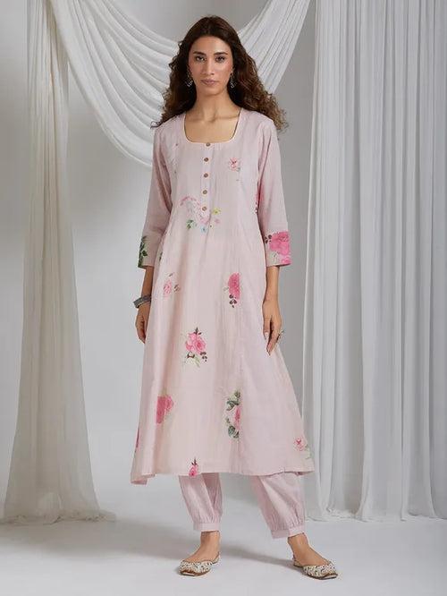 Playful Pink Cotton Kurta With Delicate Printed Flowers