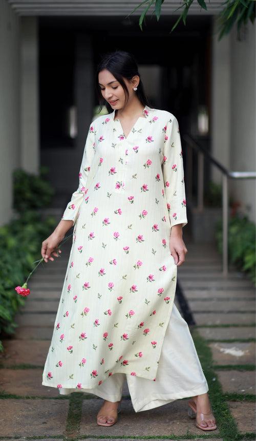 Roseate Charm Cream Staple Silk Kurta/ Dress