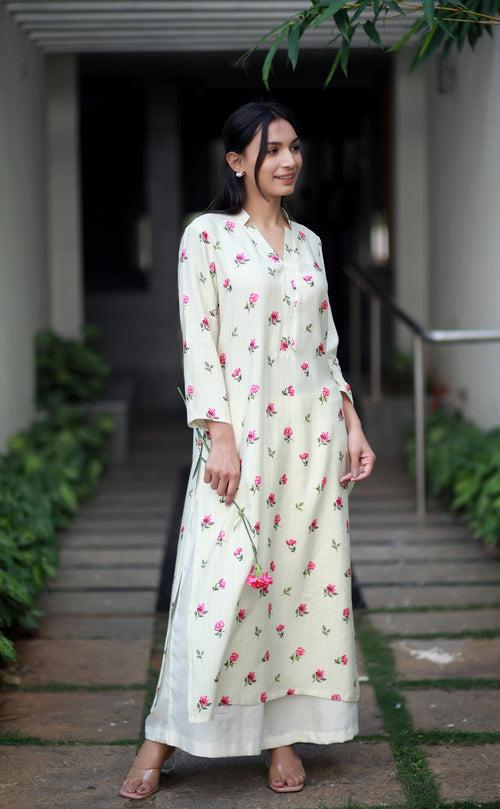 Roseate Charm Cream Staple Silk Kurta/ Dress