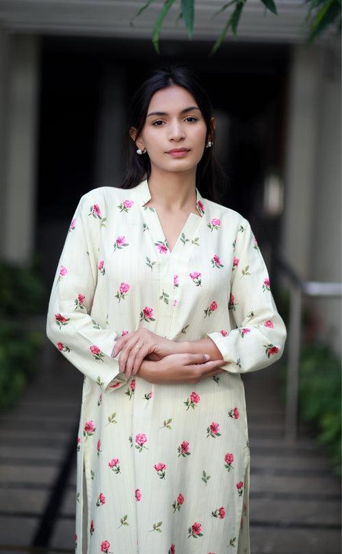 Roseate Charm Cream Staple Silk Kurta/ Dress