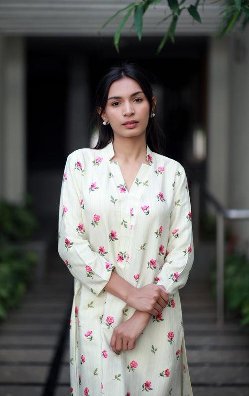 Roseate Charm Cream Staple Silk Kurta/ Dress