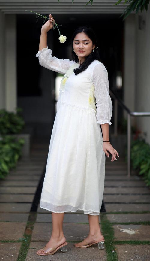 Angelic Essence White And Yellow Orchids Kota Cotton Kurta/ Dress