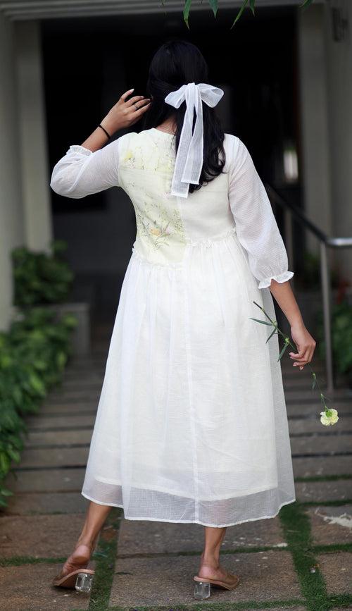 Angelic Essence White And Yellow Orchids Kota Cotton Kurta/ Dress