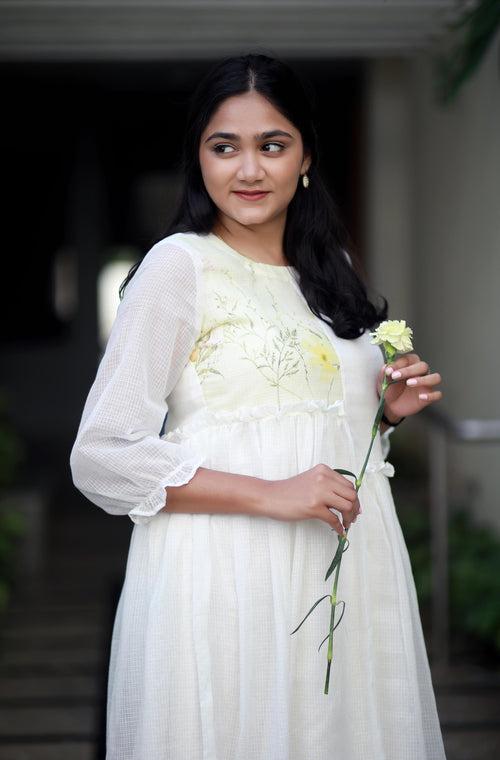 Angelic Essence White And Yellow Orchids Kota Cotton Kurta/ Dress