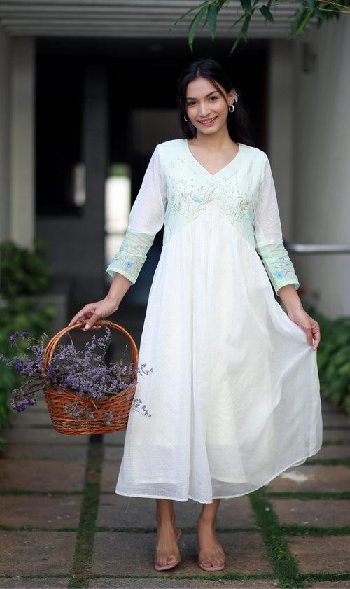 Pearl Bloom Kota Cotton And Blue Orchid Kurta/ Dress