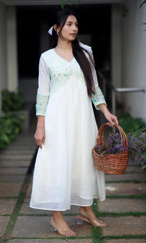 Pearl Bloom Kota Cotton And Blue Orchid Kurta/ Dress