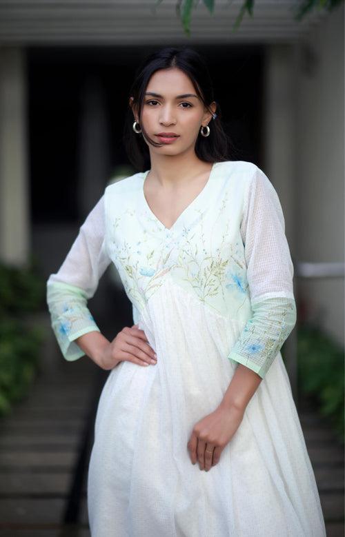 Pearl Bloom Kota Cotton And Blue Orchid Kurta/ Dress