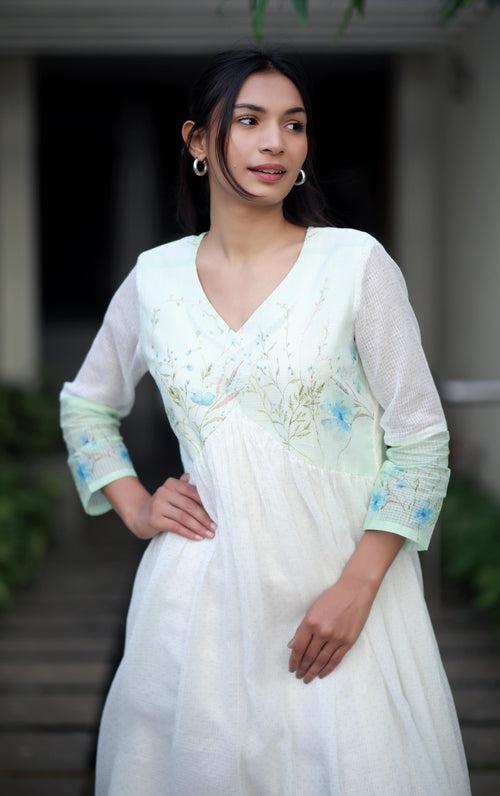 Pearl Bloom Kota Cotton And Blue Orchid Kurta/ Dress