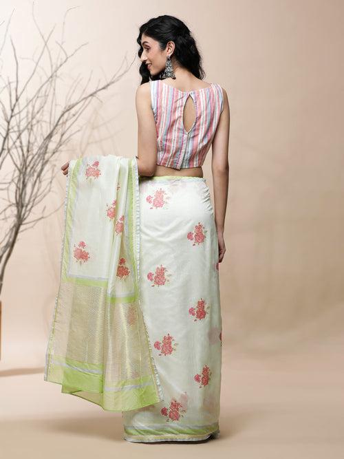 Gulab Chanderi Green Stripes On White Silk Saree