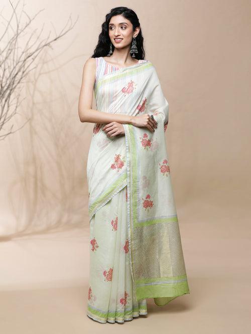 Gulab Chanderi Green Stripes On White Silk Saree