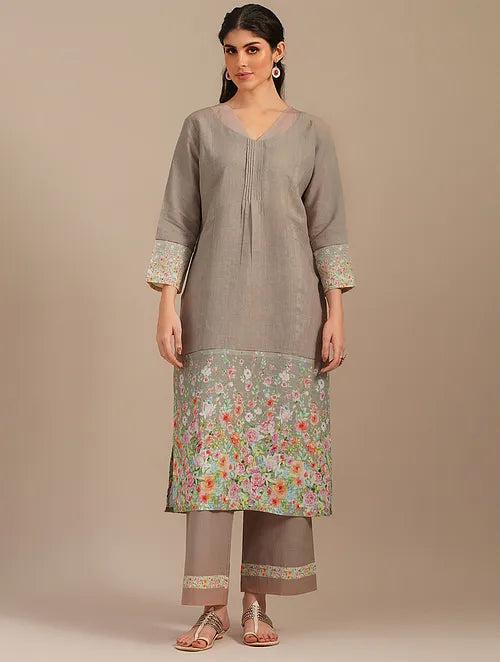 Hazelnut Handwoven Linen Kurta With Printed Border And Organza Yoke With Cotton Pants -set Of 2