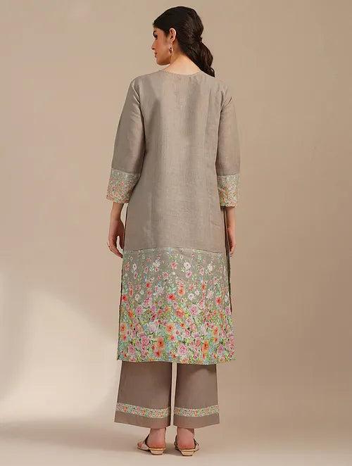 Hazelnut Handwoven Linen Kurta With Printed Border And Organza Yoke With Cotton Pants -set Of 2