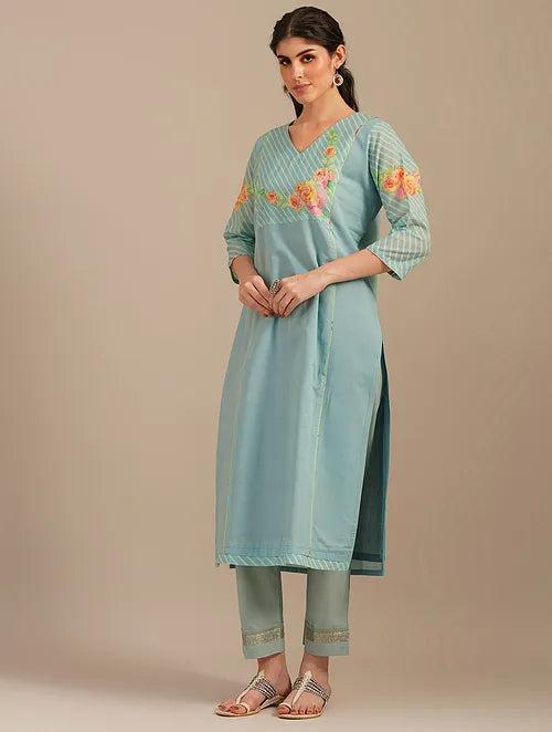 Aqua Blue Spring Dream Cotton Kurta With Cotton Pants-set Of 2