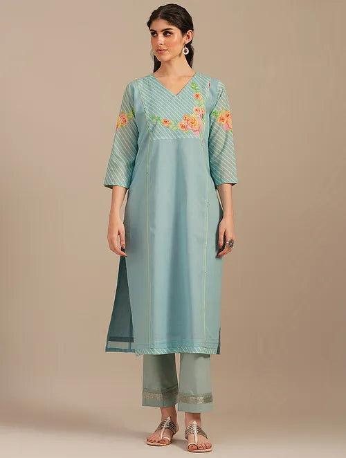 Aqua Blue Spring Dream Cotton Kurta With Cotton Pants-set Of 2