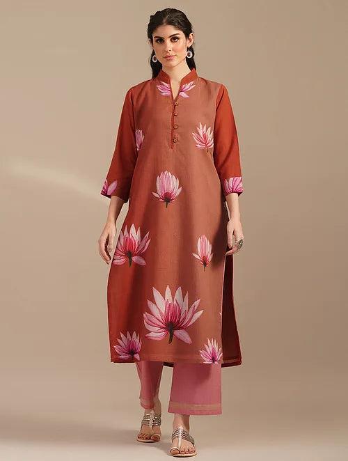 Copper Lotus Pond Cotton Kurta With Cotton Pants-set Of 2