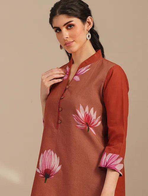 Copper Lotus Pond Cotton Kurta With Cotton Pants-set Of 2