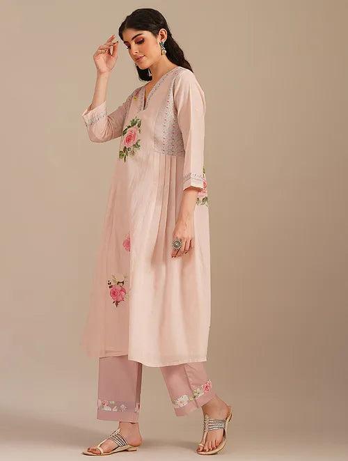 Peach Rose Garden Cotton Kurta With Cotton Pants -set Of 2