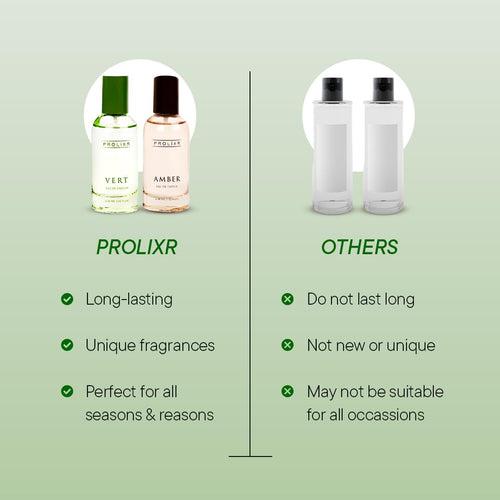 Prolixr Amber & Vert Eau De Parfum Combo | Premium Unisex Long Lasting Luxury Perfumes | Versatile Scents for All Occasions | Notes of White Oak, Sandalwood, Lotus, Waterlily & Mahogany | Men & Women