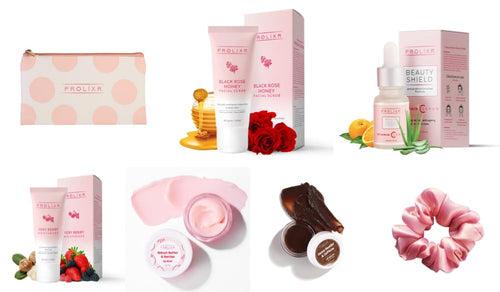 Prolixr Beauty Essentials Set: Travel-Friendly Pink Pouch, Exfoliating Scrub, Vitamin C Face Serum, Very Berry Moisturizer, Kokum Butter & Berry Lip Mask, Moisturizing Lip Balm & Pink Satin Scrunchy