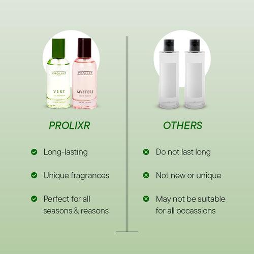 Prolixr Vert & Mystere Duo Eau De Parfum Set | 30ml Bottles | Premium Unisex Luxury Perfumes - Lotus, Peony, Waterlily, White Musk, Mahogany, Ylang-Ylang | Long Lasting Scent for Men & Women