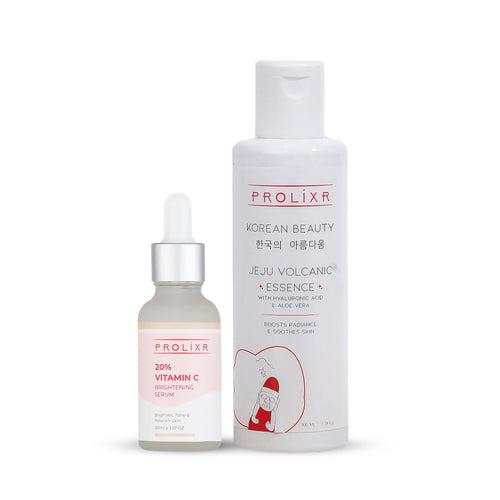 Prolixr 20% Vitamin C Serum and Jeju Volcanic Face Essence Combo | Radiant Skin Duo | Combat Dark Spots, Pigmentation, and Wrinkles for Glowing, Youthful Skin | Unisex | Suitable for All Skin Types