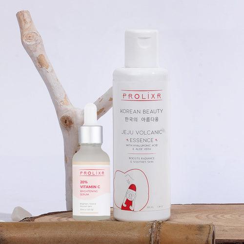 Prolixr 20% Vitamin C Serum and Jeju Volcanic Face Essence Combo | Radiant Skin Duo | Combat Dark Spots, Pigmentation, and Wrinkles for Glowing, Youthful Skin | Unisex | Suitable for All Skin Types