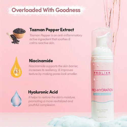 Prolixr Pro-Hydration Foaming Face Wash | Hyaluronic Acid & Tazman Pepper | Intense Hydration for Plump, Soft, and Supple Skin - 80ml