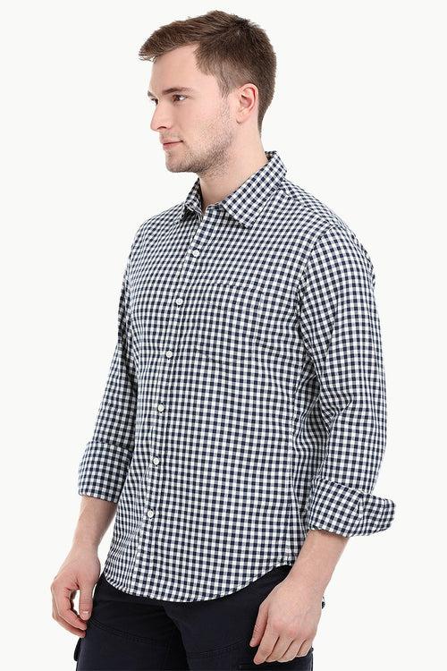 Mens Long Sleeve Navy Gingham Check Shirt