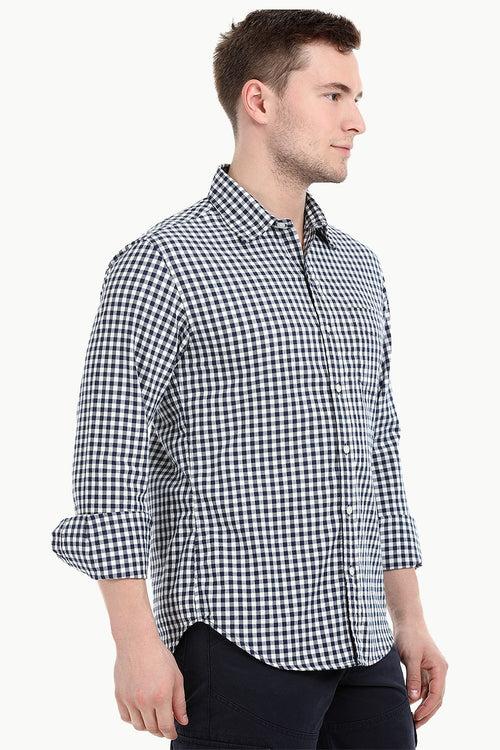 Mens Long Sleeve Navy Gingham Check Shirt