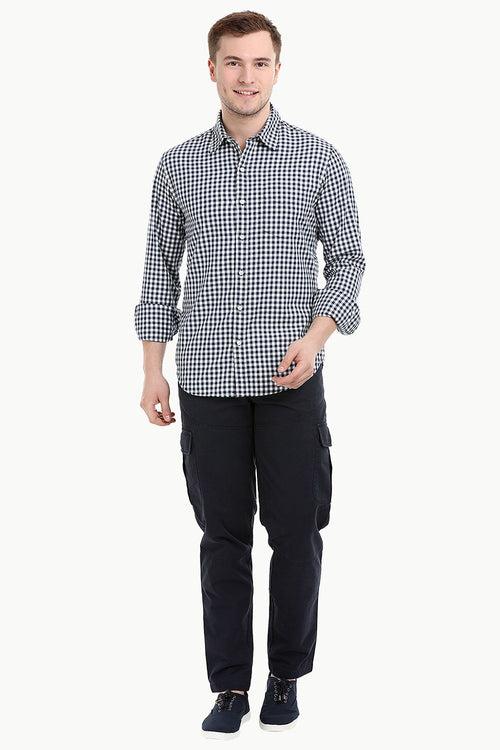 Mens Long Sleeve Navy Gingham Check Shirt