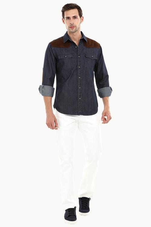 Casual Suede Patch Denim Shirt