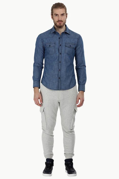 Indigo Denim Shirt with Bold Stitch