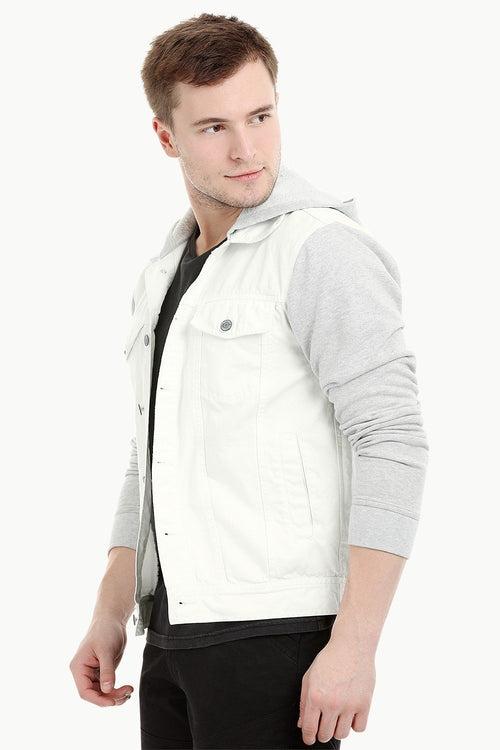 Men's Off WhiteKnit Sleeves Twill Denim Hood Jacket