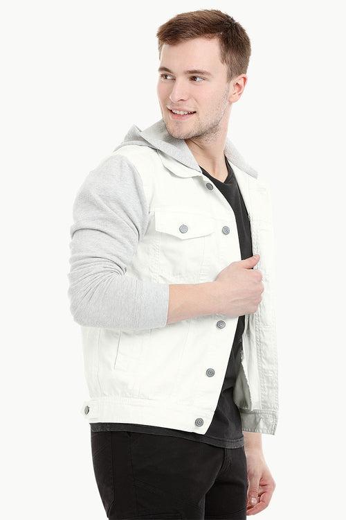 Men's Off WhiteKnit Sleeves Twill Denim Hood Jacket