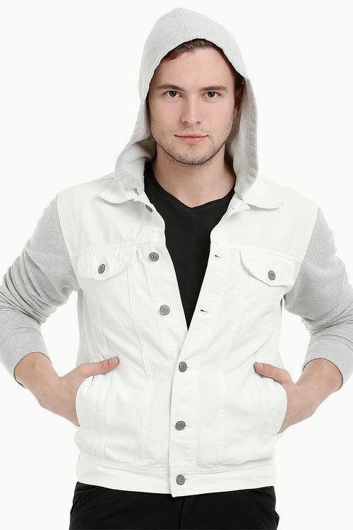 Men's Off WhiteKnit Sleeves Twill Denim Hood Jacket