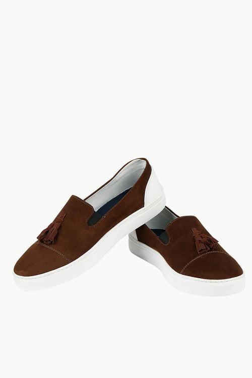 Men's Chocolate Faux Suede Tassel Plimsolls